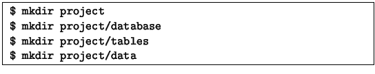 \fbox{
\begin{minipage}{4.5in}
{\tt \$ mkdir project\\
\$ mkdir project/database\\
\$ mkdir project/tables\\
\$ mkdir project/data}
\end{minipage} }